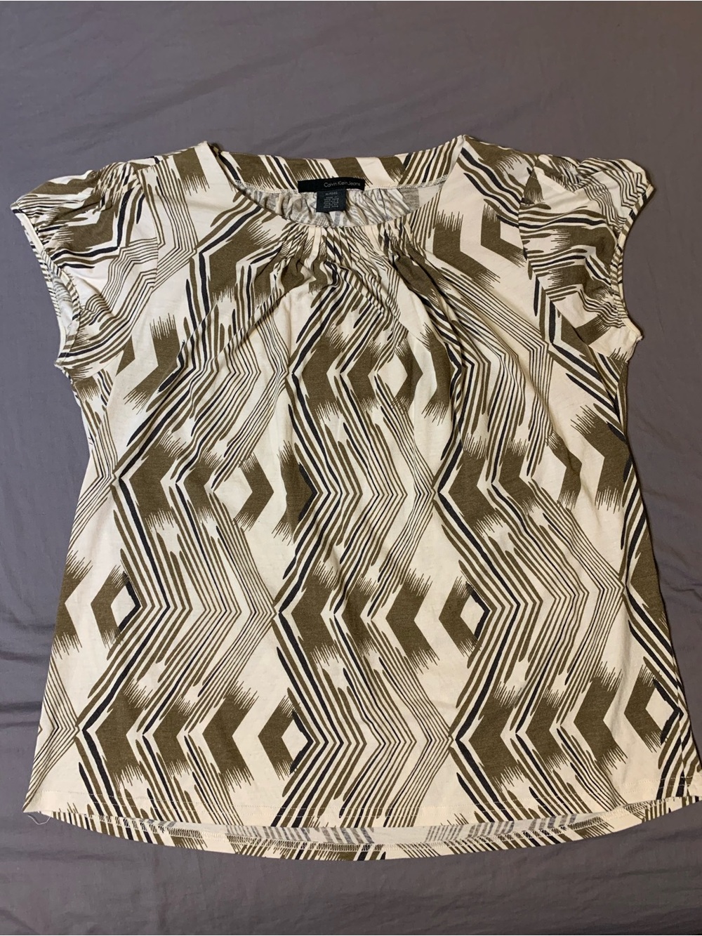 Calvin Klein Jeans Olive and Cream Geometric Short-Sleeve Blouse